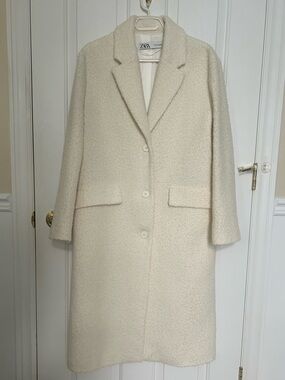 ZARA Women Bouclé Wool Blend Single-Breasted Long Trench Coat, Cream, Size Small